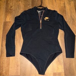 Nike Black Long-Sleeve Zip Front Bodysuit with Gold Logo Large